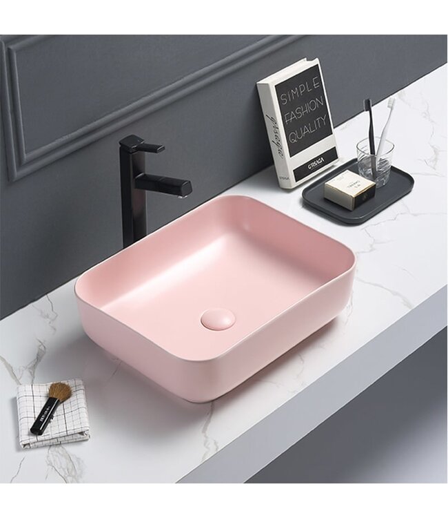 Waskom Minerva Mat Pastel Roze 50x39x13cm vierkant keramiek incl. bijpassend click-waste