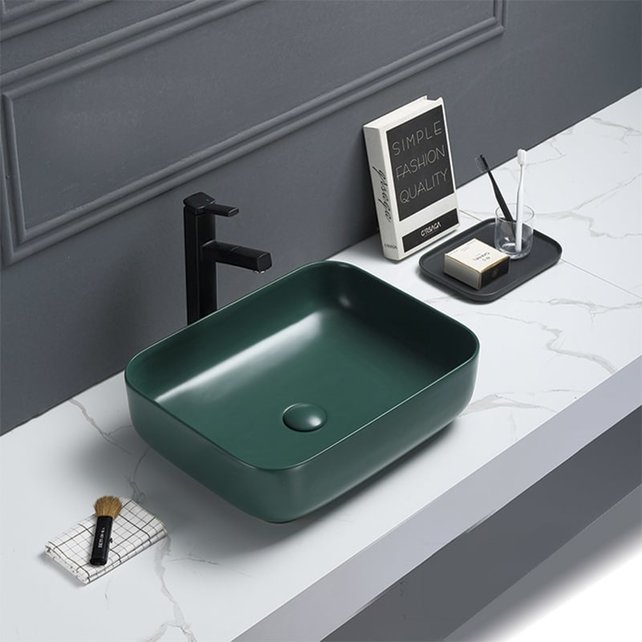 Waskom Minerva Mat Jade Groen 50x39x13cm vierkant keramiek incl. bijpassend click-waste Waskom Minerva Mat Jade Groen 50x39x13cm vierkant keramiek incl. bijpassend click-waste