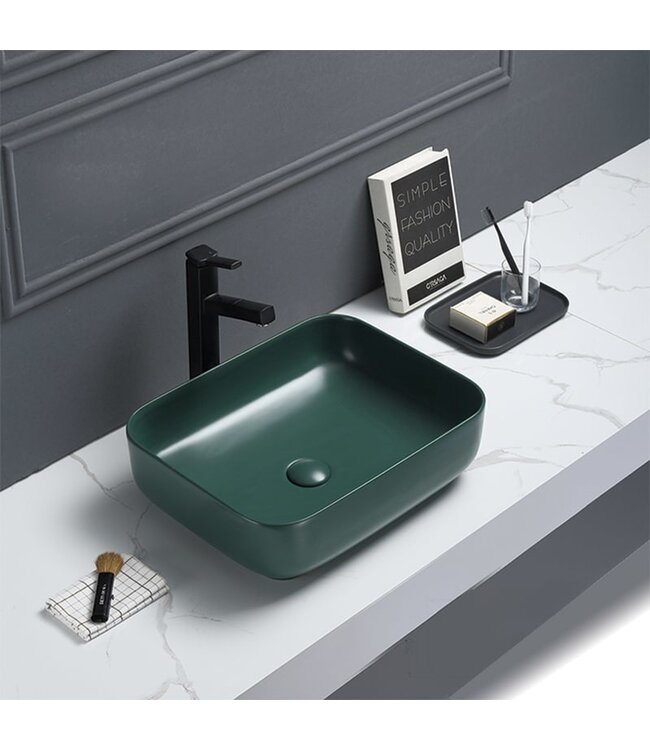 Waskom Minerva Mat Jade Groen 50x39x13cm vierkant keramiek incl. bijpassend click-waste