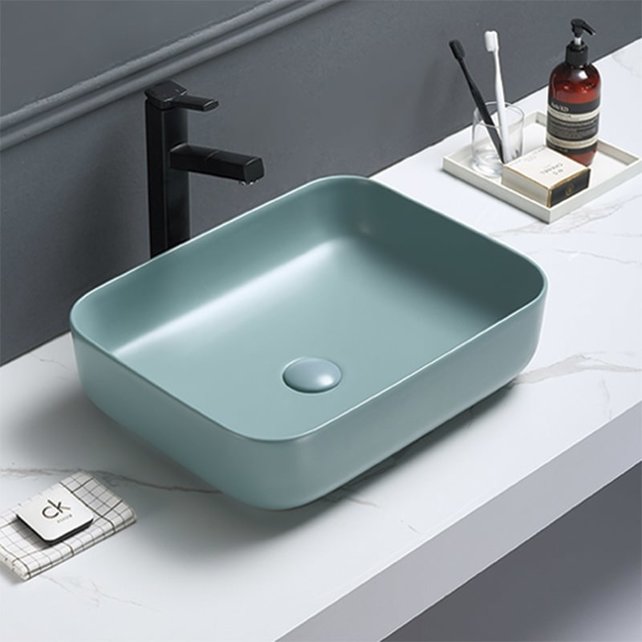 Waskom Minerva Mat Jade Groen 50x39x13cm vierkant keramiek incl. bijpassend click-waste Waskom Minerva Mat Jade Groen 50x39x13cm vierkant keramiek incl. bijpassend click-waste