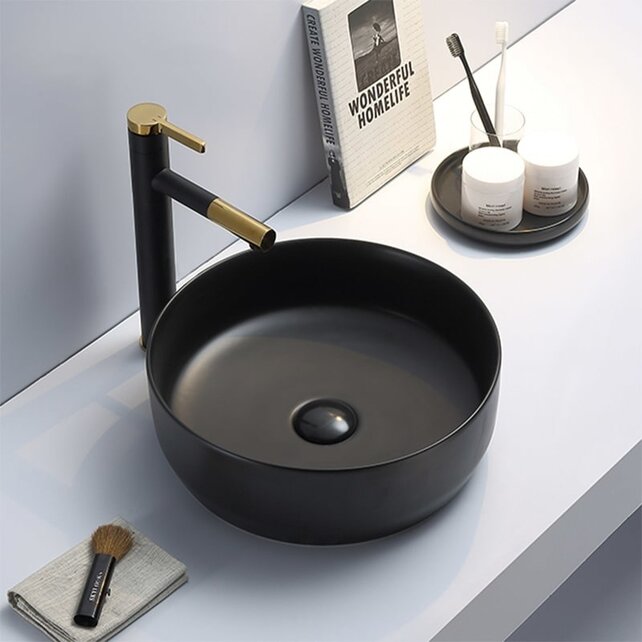 Waskom minerva mat antraciet rond 39x12cm keramiek incl bijpassend click waste Waskom minerva mat antraciet rond 39x12cm keramiek incl bijpassend click waste