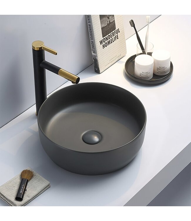 Waskom Minerva Mat Zwart rond 39x12cm keramiek incl bijpassend click waste