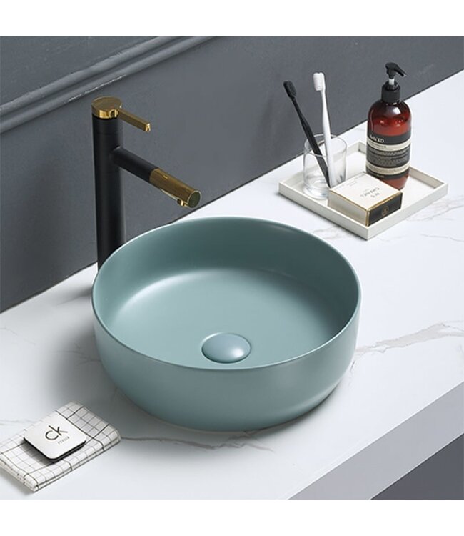 Waskom Mat Jade Groen rond 39x12cm keramiek incl. bijpassend click-waste