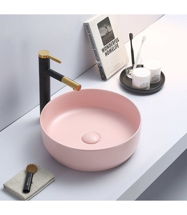 SANI-SUPPLY Waskom Minerva Mat Zand Beige rond 39x12cm keramiek incl bijpassend click waste