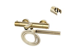 Badkraan Set Geborsteld Goud 15cm Hartafstand Thermostatisch Opbouw Rond Goud 2 Greeps Onderuitloop met Handdouche Set