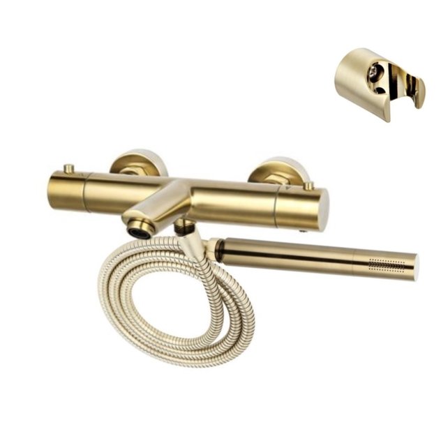 Badkraan Set Geborsteld Goud 15cm Hartafstand Thermostatisch Opbouw Rond Goud 2 Greeps Onderuitloop met Handdouche Set
