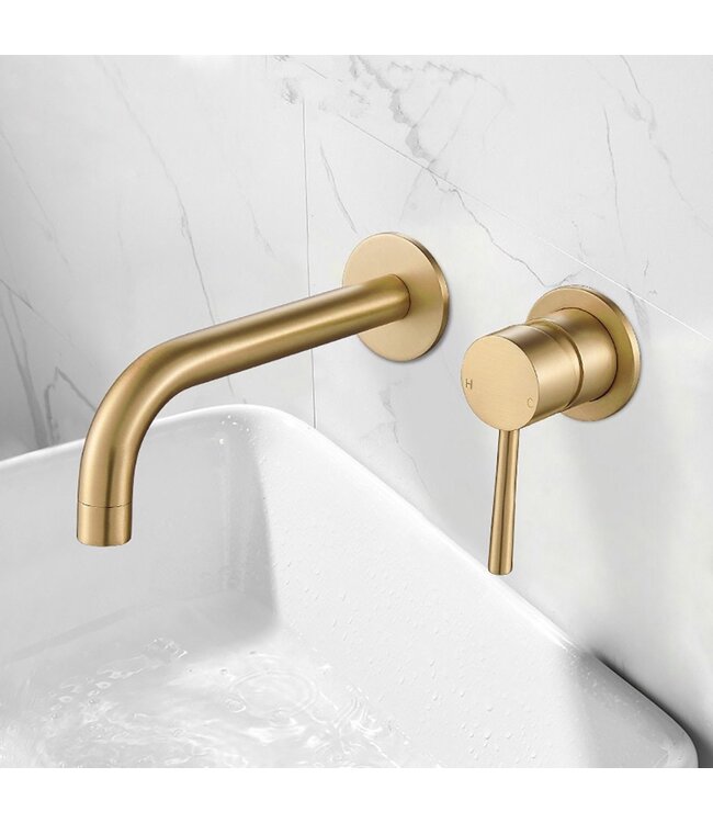 Wastafelkraan Inbouw Gold Mengkraan Rond Geborsteld Goud 1 Greeps 19cm Uitloop