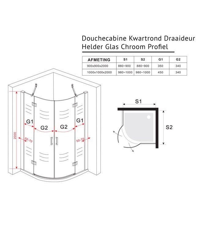 Douchecabine Kwartrond Draaideur 90x90x200cm Antikalk Helder Glas Chroom Profiel 8mm Veiligheidsglas Easy Clean