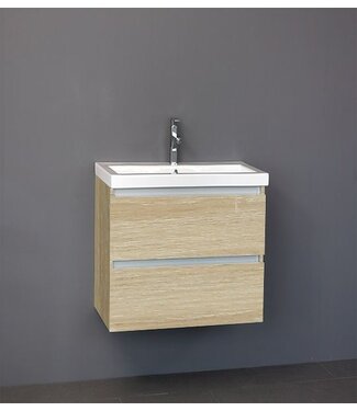 SANI-SUPPLY Badkamermeubel Trend Zara 60x47x52cm Licht Eiken SaniPro 2 Lades Greeploos met greeplist aliminium Softclose Wastafel 1 Kraangaten Keramiek