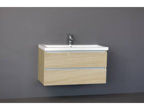Badkamermeubel Trend Zara 100x47x52cm Licht Eiken SaniPro 2 Lades Greeploos met greeplist aliminium Softclose Wastafel 1 Kraangaten Keramiek