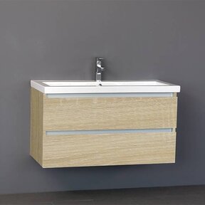Badkamermeubel Trend Zara 100x47x52cm Licht Eiken SaniPro 2 Lades Greeploos met greeplist aliminium Softclose Wastafel 1 Kraangaten Keramiek