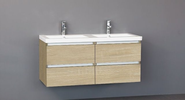 Badkamermeubel Trend Zara 120x47x52cm Licht Eiken SaniPro 4 Lades Greeploos met greeplist aliminium Softclose Wastafel 2 Kraangaten Keramiek