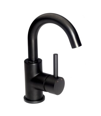SANETTI Wastafelkraan Laag Donna Mat Zwart Mengkraan Rond Draaibaar Uitloop met Waste Opbouw 1 Greeps