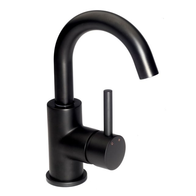 Wastafelkraan Laag Donna Mat Zwart Mengkraan Rond Draaibaar Uitloop met Waste Opbouw 1 Greeps