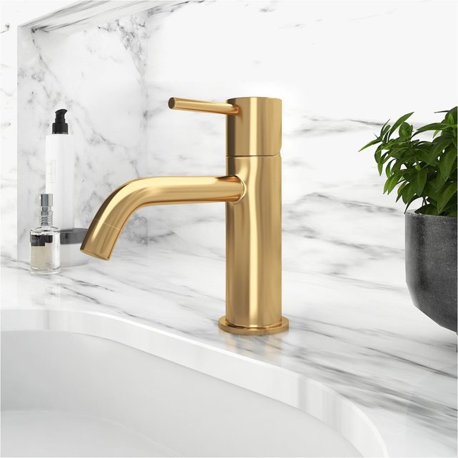 Wastafelkraan Laag Gold Geborsteld goud Mengkraan SaniPro Lux Rond 1 Greeps Opbouw