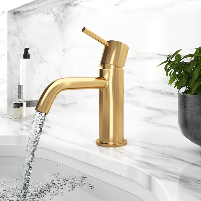 Wastafelkraan Laag Gold Geborsteld goud Mengkraan SaniPro Lux Rond 1 Greeps Opbouw