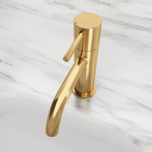 Wastafelkraan Laag Gold Geborsteld goud Mengkraan SaniPro Lux Rond 1 Greeps Opbouw