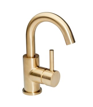 SANETTI Wastafelkraan Laag Gold Geborsteld Goud Mengkraan Rond Draaibaar Uitloop met Waste Opbouw 1 Greeps