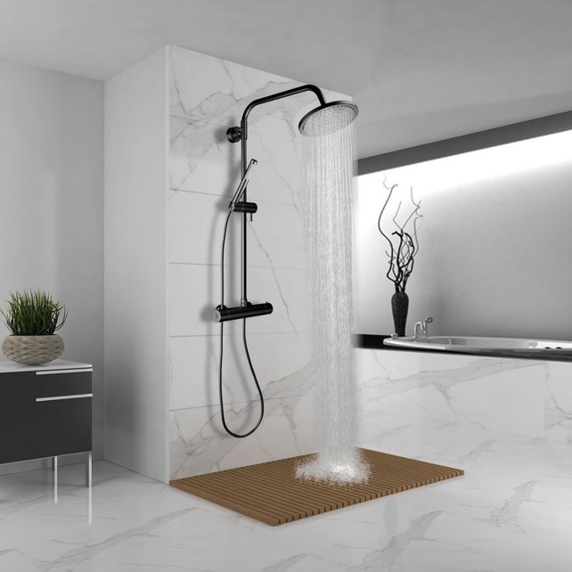 SaniPro Opbouw Regendoucheset Nomi Rond Mat Zwart 20cm Thermostaatkraan Glijstang Regendouche Handdouche