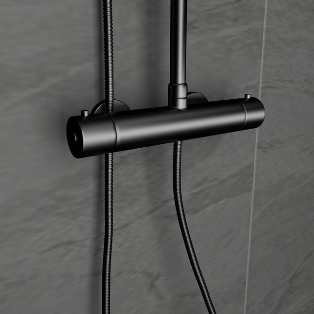 SaniPro Opbouw Regendoucheset Nomi Rond Mat Zwart 20cm Thermostaatkraan Glijstang Regendouche Handdouche