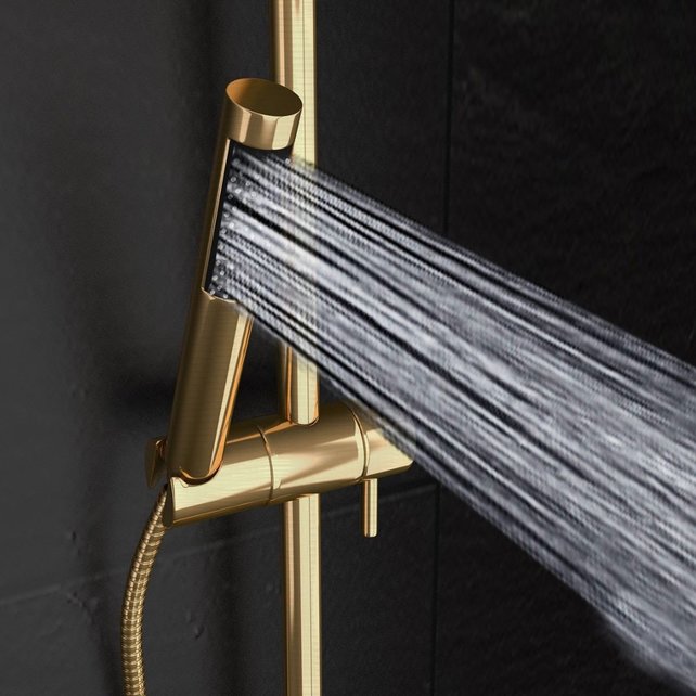 Doucheset Nomi Opbouw Rond Geborsteld Goud 25cm Thermostaatkraan Glijstang Regendouche Handdouche