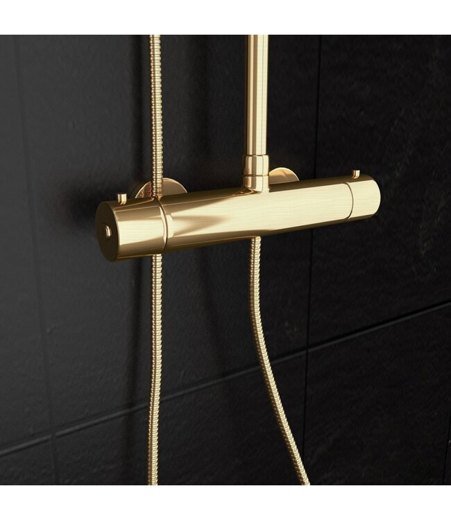 SANETTI Doucheset Nomi Opbouw Rond Geborsteld Goud 25cm Thermostaatkraan Glijstang Regendouche Handdouche