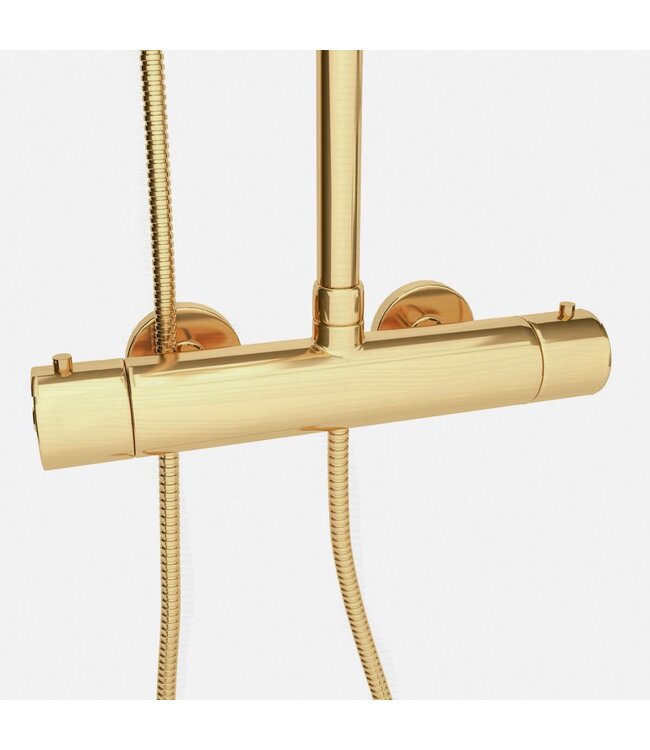 SANETTI Doucheset Nomi Opbouw Rond Geborsteld Goud 25cm Thermostaatkraan Glijstang Regendouche Handdouche