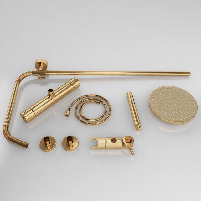 Doucheset Nomi Opbouw Rond Geborsteld Goud 25cm Thermostaatkraan Glijstang Regendouche Handdouche