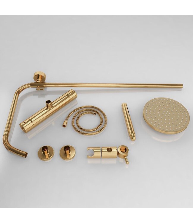 SANETTI Doucheset Nomi Opbouw Rond Geborsteld Goud 25cm Thermostaatkraan Glijstang Regendouche Handdouche