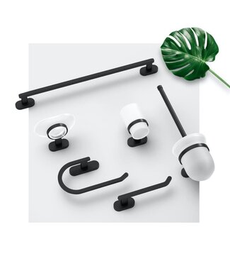 CREAVIT Luxe Toilet accessoires Set Quera Mat Zwart Luxe Borstel Set Toiletrolhouder Handdoekhaak en Dubbele Reserverolhouder