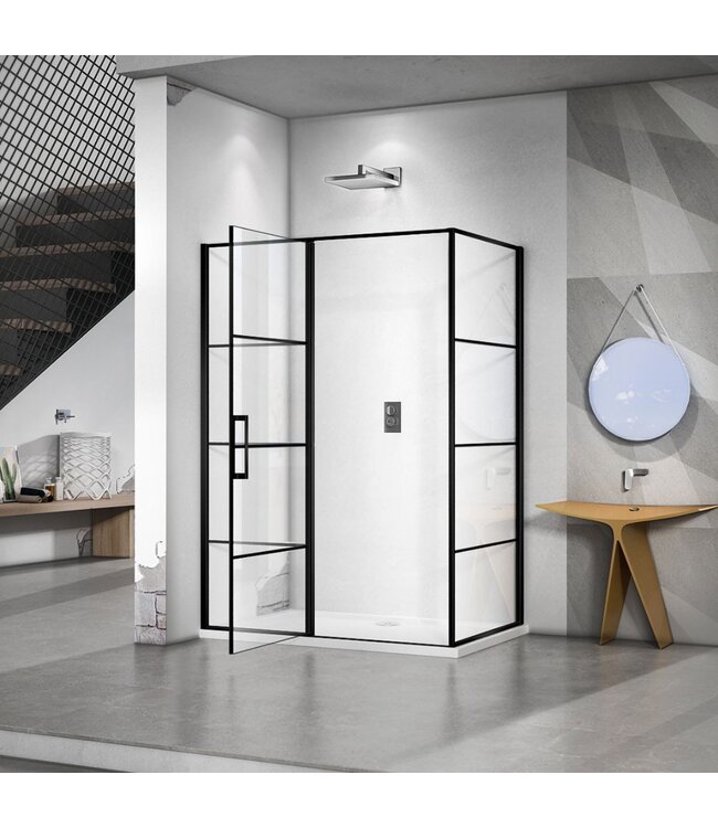 Douchecabine Collins Mat Zwart Vierkant 140x90cm Draaideur Links Antikalk Helderglas 8mm Veiligheidsglas Easy Clean