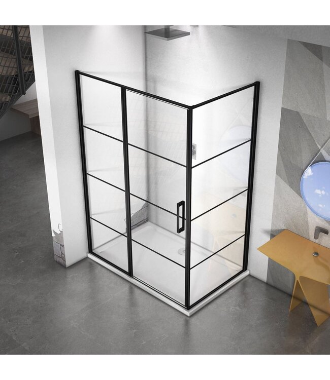 Douchecabine Collins Mat Zwart Vierkant 140x90cm Draaideur Links Antikalk Helderglas 8mm Veiligheidsglas Easy Clean