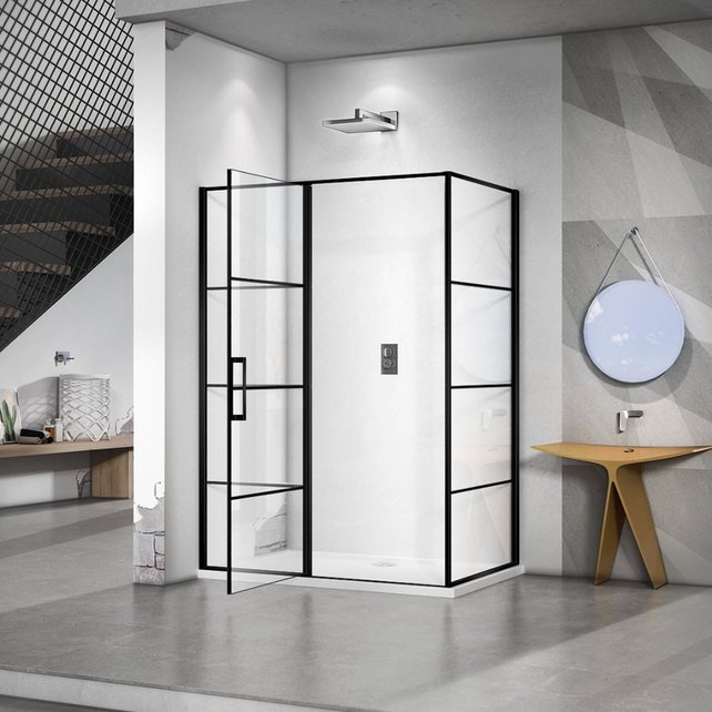 Douchecabine Collins Mat Zwart Vierkant 120x90cm Draaideur Antikalk Helderglas 8mm Veiligheidsglas Easy Clean