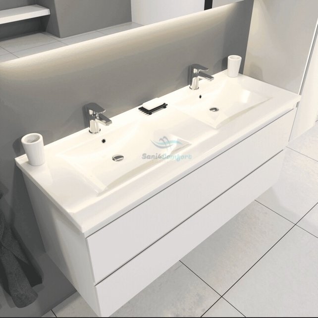 Creavit Sally Badkamermeubel Mat Wit 120cm met dubbele keramische wastafel 2 lades Softclose 2 kraangaten