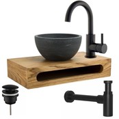 SaniPro Merba Mini Toilet Fonteinset met Handdoekhouder Zwart Mat Mengkraan, Sifon en Push-UP Waskom Natuursteen SaniPro Merba Mini Toilet Fonteinset met Handdoekhouder Zwart Mat Mengkraan, Sifon en Push-UP Waskom Natuursteen