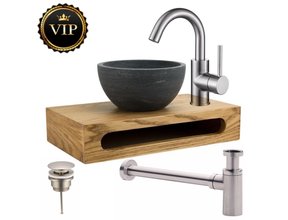 SaniPro Merba Mini Toilet Fonteinset met Handdoekhouder RVS geborsteld mengkraan, Sifon en Push-UP Waskom Natuursteen