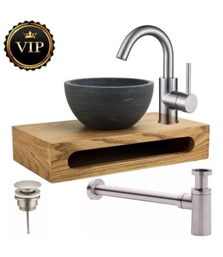 SANI-SUPPLY SaniPro Merba Mini Toilet Fonteinset met Handdoekhouder RVS geborsteld mengkraan, Sifon en Push-UP Waskom Natuursteen