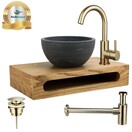 SaniPro Merba Mini Toilet Fonteinset met Handdoekhouder Goud geborsteld mengkraan, Sifon en Push-UP Waskom Natuursteen