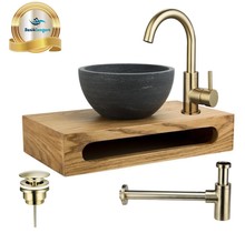 SaniPro Merba Mini Toilet Fonteinset met Handdoekhouder Goud geborsteld mengkraan, Sifon en Push-UP Waskom Natuursteen