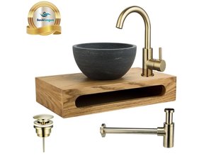 SaniPro Merba Mini Toilet Fonteinset met Handdoekhouder Goud geborsteld mengkraan, Sifon en Push-UP Waskom Natuursteen