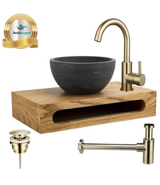 SANI-SUPPLY SaniPro Merba Mini Toilet Fonteinset met Handdoekhouder Goud geborsteld mengkraan, Sifon en Push-UP Waskom Natuursteen