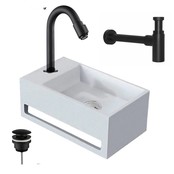 Fonteinset Toros Mat Zwart Solid Surface met Handdoekhouder Links 36x20x16cmToiletkraan Hendel Clickwaste Sifon