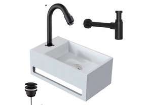 Fonteinset Toros Mat Zwart Solid Surface met Handdoekhouder Links 36x20x16cmToiletkraan Hendel Clickwaste Sifon