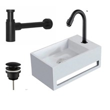 Fonteinset Toros Mat Zwart Solid Surface met Handdoekhouder Rechts 36x20x16cmToiletkraan Hendel Clickwaste Sifon