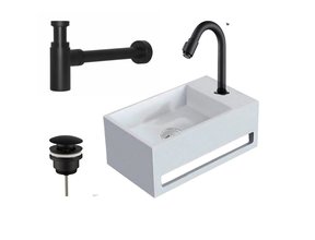 Fonteinset Toros Mat Zwart Solid Surface met Handdoekhouder Rechts 36x20x16cmToiletkraan Hendel Clickwaste Sifon