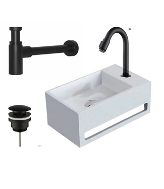 CREAVIT Fonteinset Toros Mat Zwart Solid Surface met Handdoekhouder Rechts 36x20x16cmToiletkraan Hendel Clickwaste Sifon