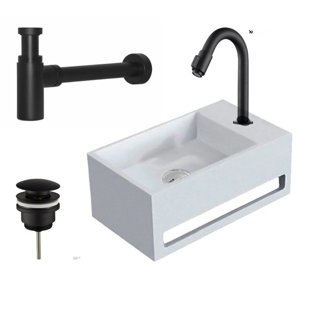 Fonteinset Toros Mat Zwart Solid Surface met Handdoekhouder Rechts 36x20x16cmToiletkraan Hendel Clickwaste Sifon