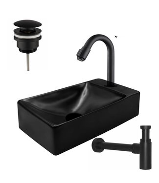 CREAVIT Fonteinset mini Mat Zwart Kraangat Rechts 37.5X21.5X10cm met Fonteinkraan draaiknop.