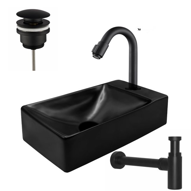 Fonteinset mini Mat Zwart Kraangat Rechts 37.5X21.5X10cm met Fonteinkraan draaiknop.