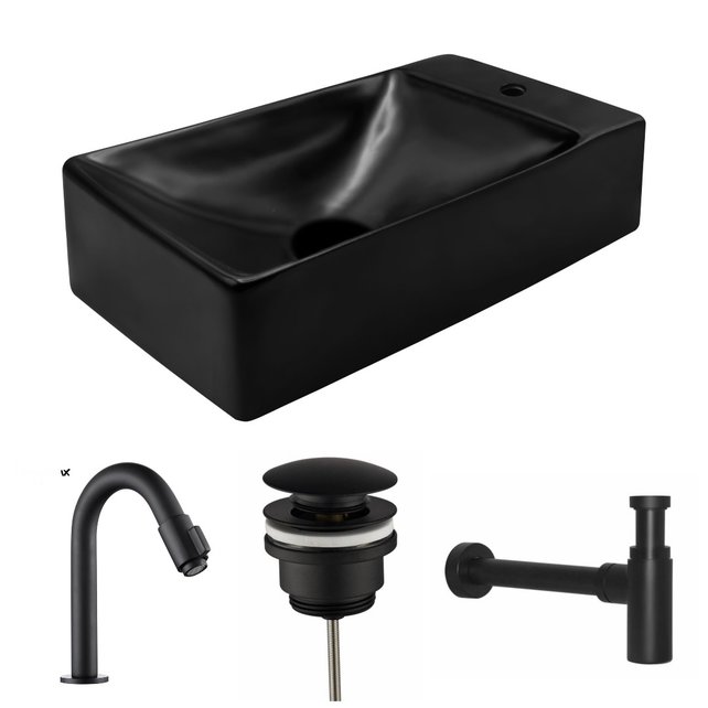 Fonteinset mini Mat Zwart Kraangat Rechts 37.5X21.5X10cm met Fonteinkraan draaiknop.